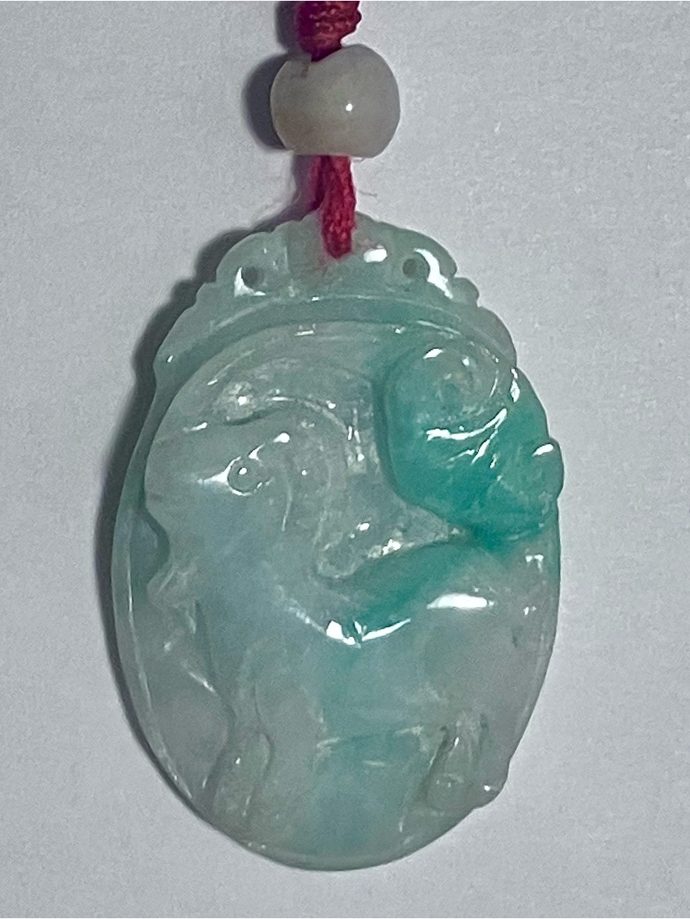 JADEITE PENDANT Mottled Green / ZODIAC Aires The Ram / 1.25 Inch / 22 Inch Cord
